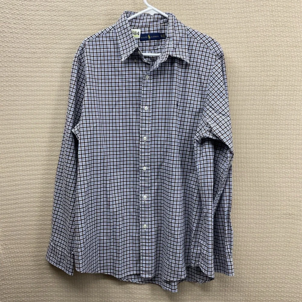 Polo Ralph Lauren Shirt Mens XL Long Sleeve Button‎ Up Blue Brown Check MINT